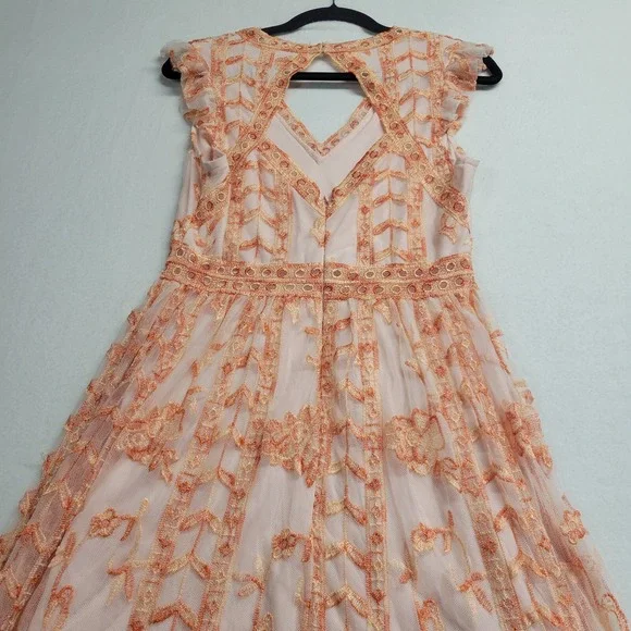 Altar'd State Orange Peach Embroidered Mesh Midi Dress Cutout Back Womens Medium - Picture 9 of 16
